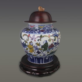 RARE WUCAI FIGURE STORY PATTERN GENERAL JAR WITH REDWOOD LID