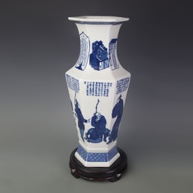 BLUE AND WHITE FIGURATIVE HEXAGONAL STYLE PORCELAIN VASE
