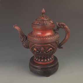 RARE TIBETAN BUDDHISM BRONZE EWER WITH DRAGON HANDLE AND EIGHT TREASURES DESIGN