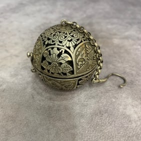 A FINE WHITE BRONZE ROUND INCENSER BURNER PENDANT