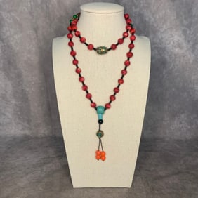 A FINE RED CORAL AND TURQUOISE STONE TIBETIAN NECKLACE