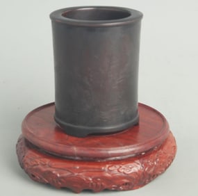 ZITAN CARVED LANDSCAPE FIGURE-PATTERN BRUSH POT