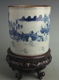 BLUE AND WHITE LANDSCAPE PATTERN WIDE-MOUTH BRUSH POT