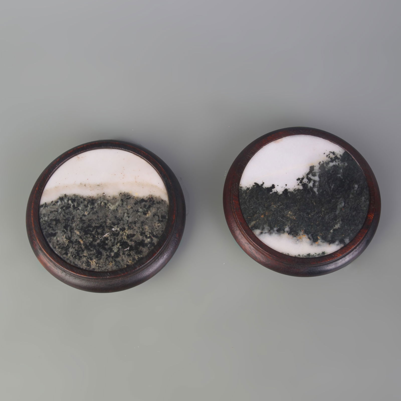 PAIR OF REDWOOD AND MARBLE INCENSE BURNER BASES: Qing Dynasty; Diameter: 4.8 inch; High: 1.0 inch