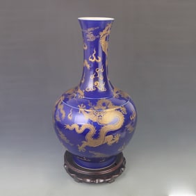 SACRIFICIAL BLUE GLAZE GILDED DRAGON PATTERN CELESTIAL SPHERE VASE