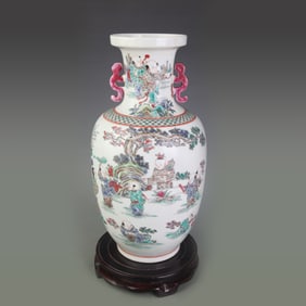 FAMILLE ROSE DOUBLE-EARED FIGURATIVE PORCELAIN VASE
