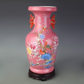 FAMILLE ROSE PINK GROUND BIRD AND FLOWER DOUBLE-EAR PORCELAIN VASE