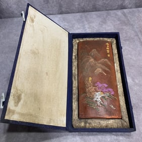 A FINELY CARVED CINNABAR INK WITH BOX