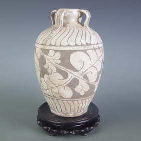 CIZHOU KILN BROWN GROUND WHITE FLOWER FOUR-HANDLE VASE