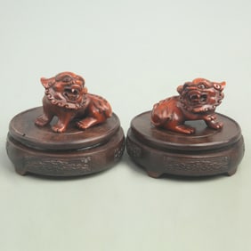 RARE PAIR OF BOXWOOD KIRIN FIGURE