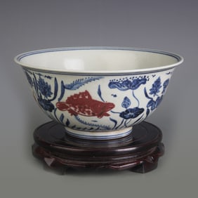 BLUE AND WHITE UNDERGLAZE RED FISH AND ALGAE PATTERN BOWL
