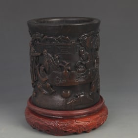 BAMBOO ROOT BRUSH POT WITH SCHOLAR GATHERING SCENE