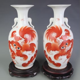 PAIR OF FAMILLE ROSE GLAZED ELEPHANT EAR STYLE VASES