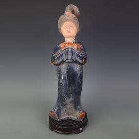 TRI-COLOR CAN CAI COLOR GLAZED FEMALE POTTERY FIGURINE