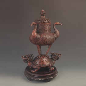 RARE BRONZE INCENSE BURNER WITH LOTUS AND TORTOISE DESIGN
