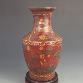 LACQUER AND GOLD-PAINTED WOODEN VASE WITH OPEN-WORKED FIGURE STORY