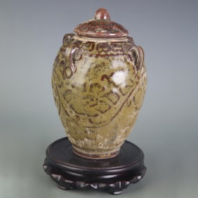EEL YELLOW GLAZE FOUR-HANDLED POTTERY JAR
