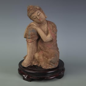 WOODEN CARVED AND PAINTED SLEEPING BUDDHA STATUE
