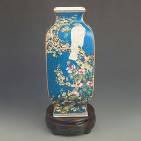 FAMILLE ROSE GLAZED BLUE GROUND BIRD AND FLOWER SQUARE VASE