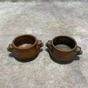 PAIR OF QING XUANDE MARK BRONZE INCENSE BURNERS WITH LION EARS