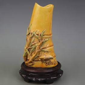 YELLOW GLAZED CARVED BIRD PATTERN PORCELAIN VASE