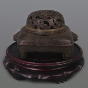 RARE BRONZE SQUARE SHAPED INCENSE BURNER WITH REDWOOD LID