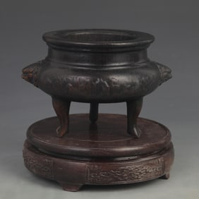 BAMBOO ROOT CARVED LANDSCAPE PATTERN BEAST EAR TRIPOD CENSER