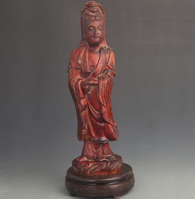 WOODEN LACQUERED STANDING STATUE OF GUANYIN