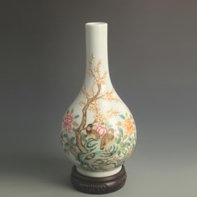 FAMILLE CLOISONNE ENAMEL LONG NECK PORCELAIN VASE FLOWER AND BIRD PATTERN