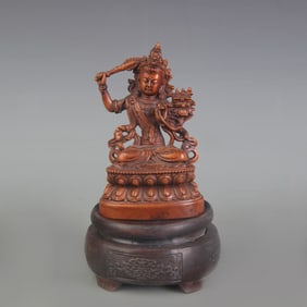 A FINE WOODEN CARVING MANJUSHRI BODHISATTVA STATUE