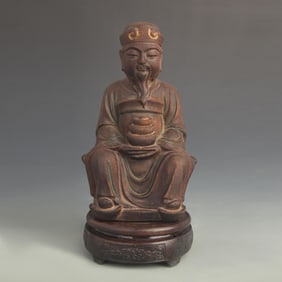 WOODEN-CARVED AND LACQUER-PAINTED GOD OF WEALTH STATUE