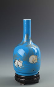 RARE BLUE GLAZED DOUBLE RABBIT BELL SHAPED VASE