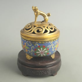 CLOISONNE ENAMEL GILT COPPER TRIPOD CENSER WITH LONGEVITY LID