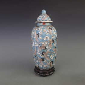 BLUE GROUND CRANE PATTERN GENERAL STYLE PORCELAIN JAR WITH LID