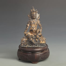 TIBETAN BUDDHIST GILT BRONZE YELLOW WEALTH GOD WITH TREASURE-SPITTING MOUSE