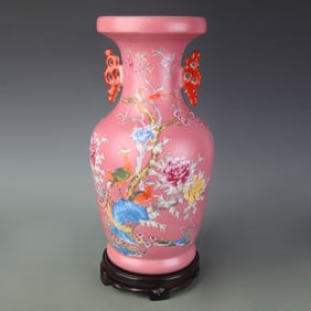 FAMILLE ROSE FLOWER AND BIRD PATTERN DOUBLE EAR PORCELAIN VASE