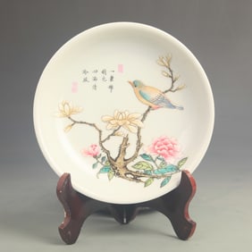 ENAMEL COLOR FLORAL AND BIRD PATTERN PORCELAIN PLATE