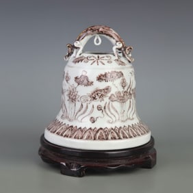 UNDERGLAZE RED FISH AND ALGAE PORCELAIN BELL