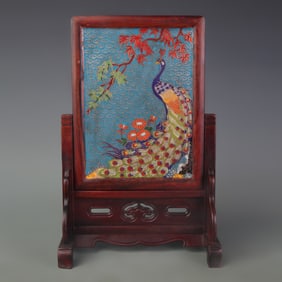 SANDALWOOD TABLE SCREEN INLAID WITH MARBLE AND CLOISONNE ENAMEL