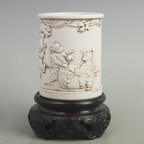 WANG BING RONG MARK "CHILD PLAYING DRUM" PORCELAIN BRUSH POT