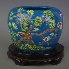 BLUE GLAZED CARVED FLORAL PATTERN PORCELAIN BRUSH WASHER