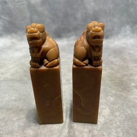 PAIR OF SHOUSHAN STONE CARVING LION TOP SEAL