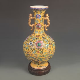 YELLOW GROUND WITH ENAMEL COLOR VASE WITH DOUBLE ANIMAL EAR HANDLES