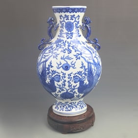 BLUE AND WHITE GLAZED PHOENIX PATTERN FLAT PORCELAIN VASE