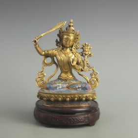 A FINE CLOISONNE ENAMEL BRONZE MANJUSRI BUDDHA