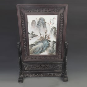 FAMILLE-ROSE PORCELAIN PANEL SCREEN WITH AUTUMN LANDSCAPE BY WANG YETING