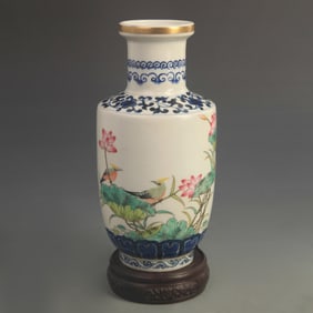 CLOISONNE GLAZED BIRD AND FLOWER PATTERN CLUB STYLE VASE