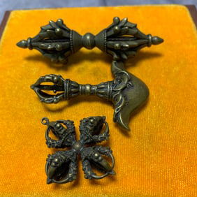 SET OF 3 TIBETAN BUDDHIST BRONZE RITUAL IMPLEMENTS