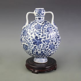 BLUE AND WHITE FLOWER PATTERN PORCELAIN MOON BOTTLE