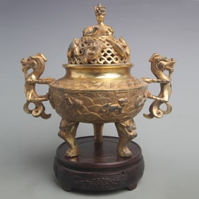 BRONZE INCENSE BURNER WITH DRAGON MOTIFS ON THE LEGS